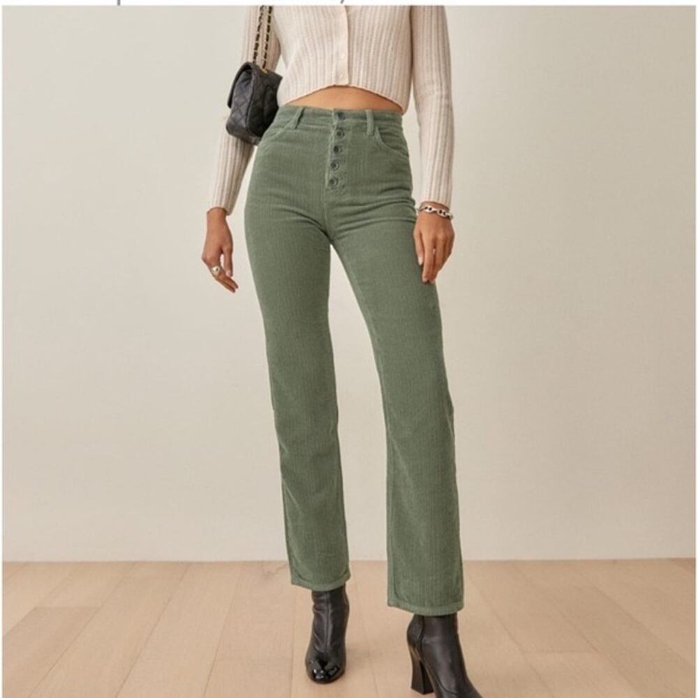 Reformation Cynthia High Rise Straight Corduroy Pants in Moss Green Size 27‎